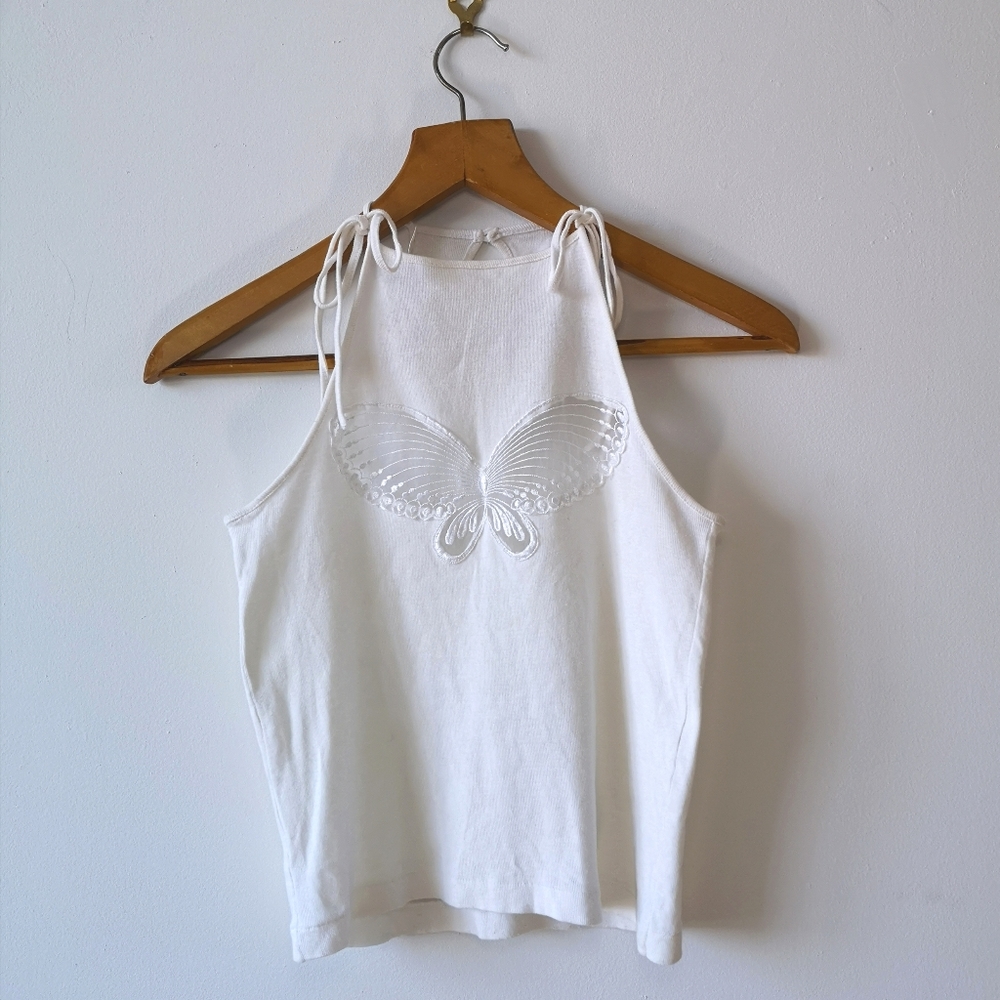 Vintage White Tie-Shoulder Butterfly Tank Top